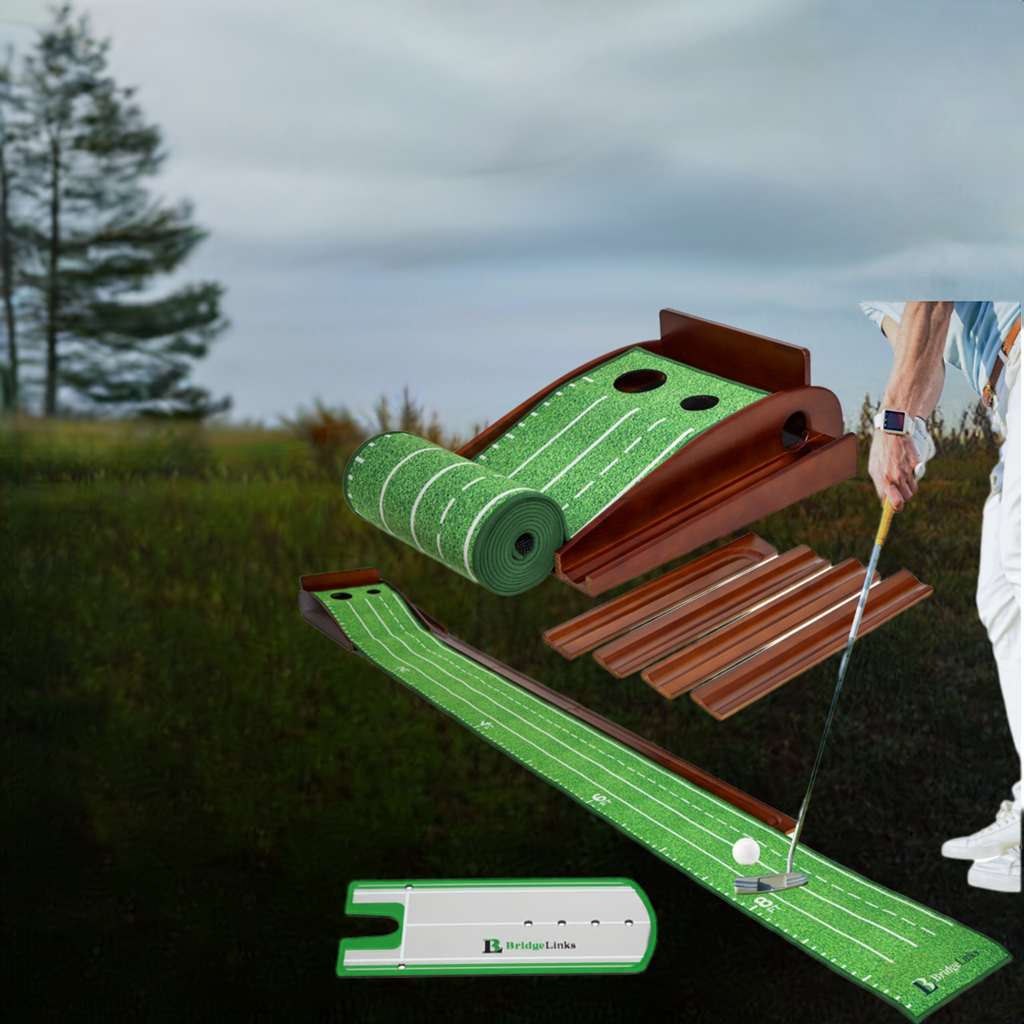 Golf Putting Green Mat 10ft, Indoor Putting Mat with Ball Return, Two Hole Putting Mat for Accuracy, Solid Wood Base Putting Mat, Non Slip Golf Mat for Practice, With Alignment Mirror!