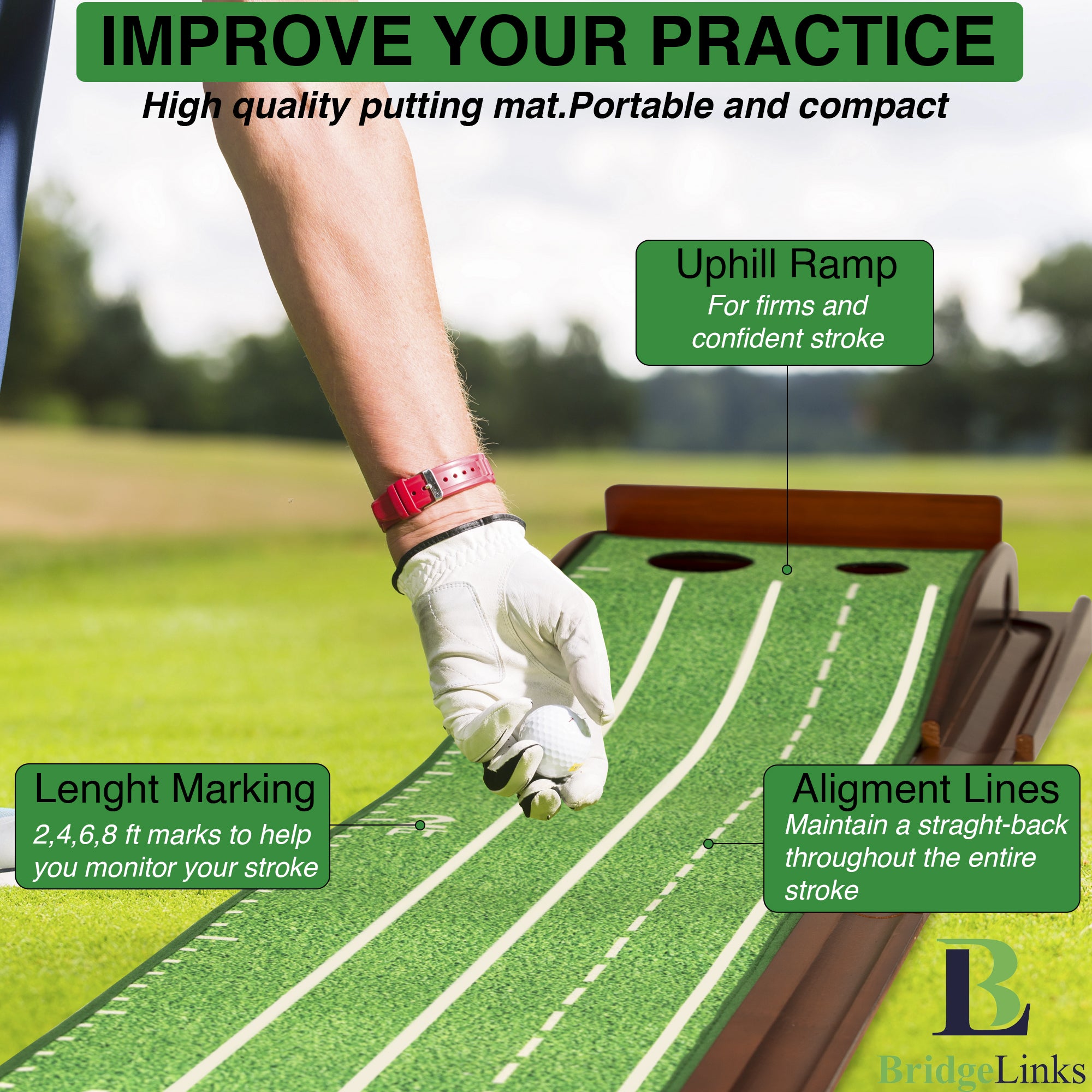 Golf Putting Green Mat 10ft, Indoor Putting Mat with Ball Return, Two Hole Putting Mat for Accuracy, Solid Wood Base Putting Mat, Non Slip Golf Mat for Practice, With Alignment Mirror!