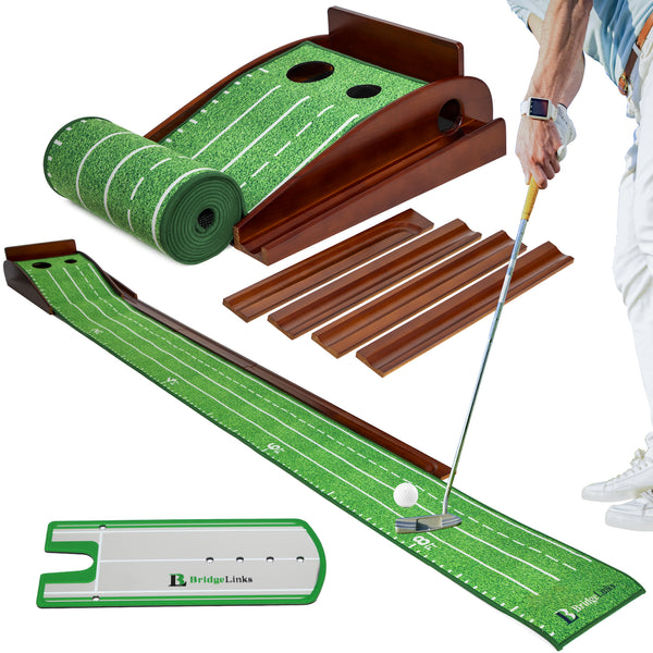 Golf Putting Green Mat 10ft, Indoor Putting Mat with Ball Return, Two Hole Putting Mat for Accuracy, Solid Wood Base Putting Mat, Non Slip Golf Mat for Practice, With Alignment Mirror!