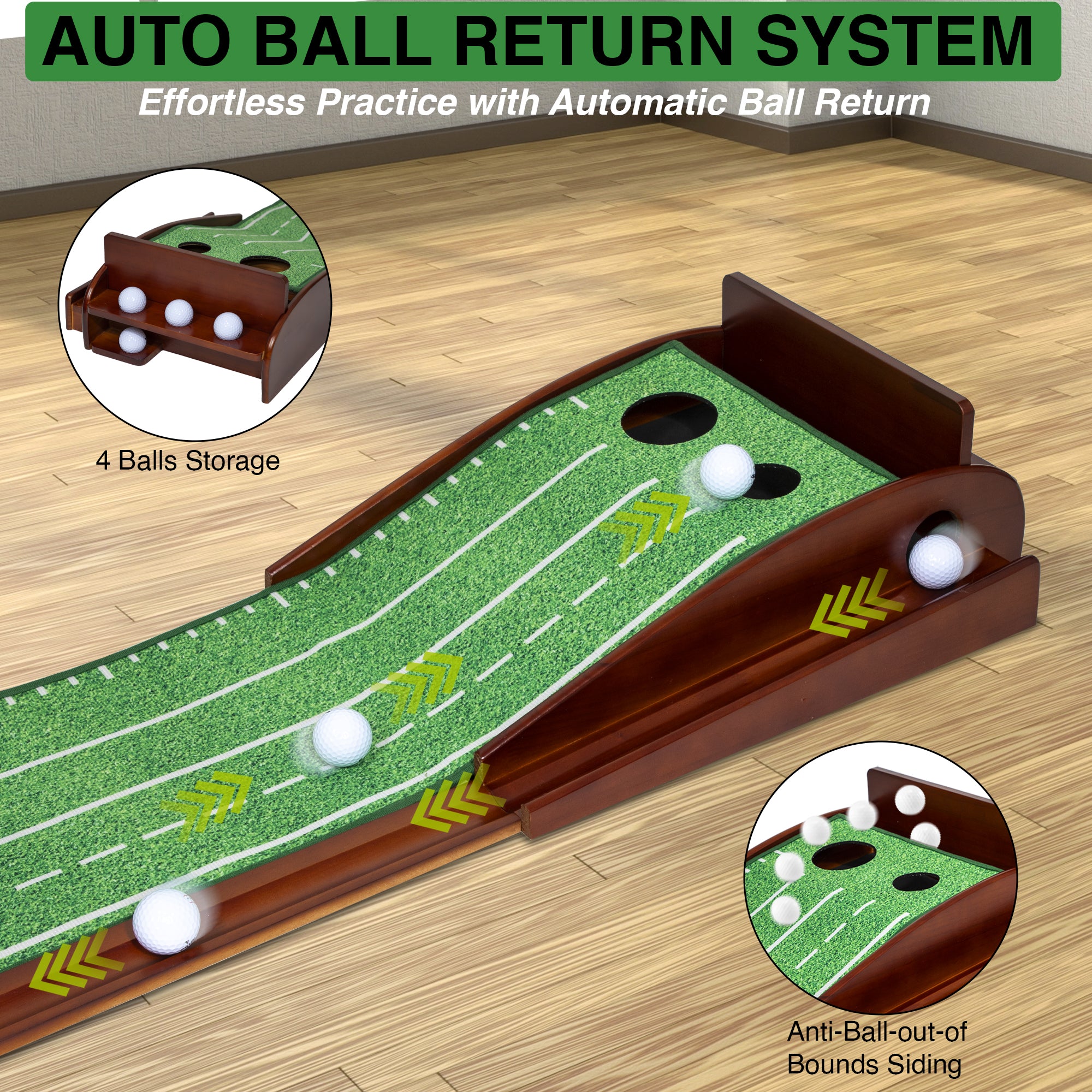 Golf Putting Green Mat 10ft, Indoor Putting Mat with Ball Return, Two Hole Putting Mat for Accuracy, Solid Wood Base Putting Mat, Non Slip Golf Mat for Practice, With Alignment Mirror!