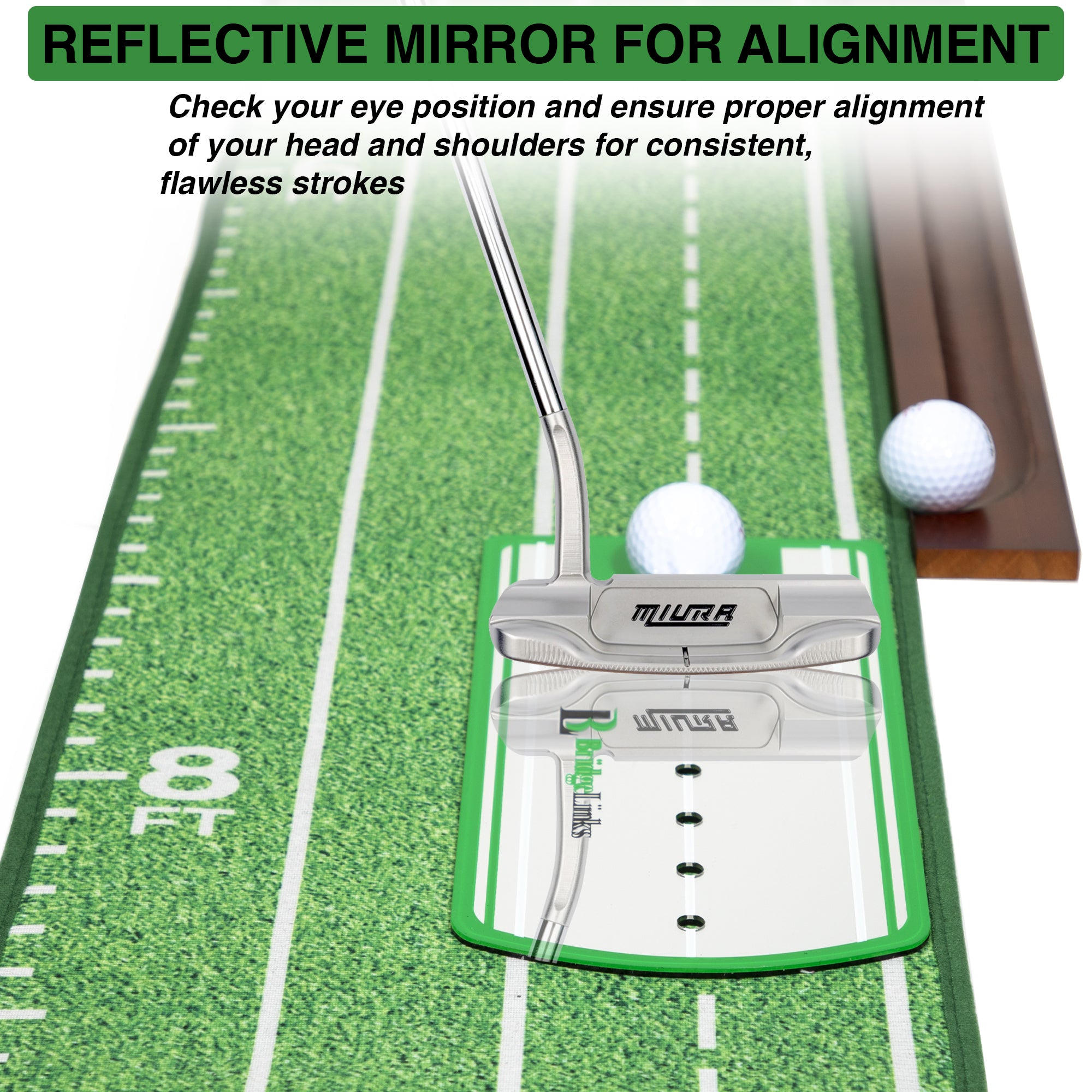 Golf Putting Green Mat 10ft, Indoor Putting Mat with Ball Return, Two Hole Putting Mat for Accuracy, Solid Wood Base Putting Mat, Non Slip Golf Mat for Practice, With Alignment Mirror!
