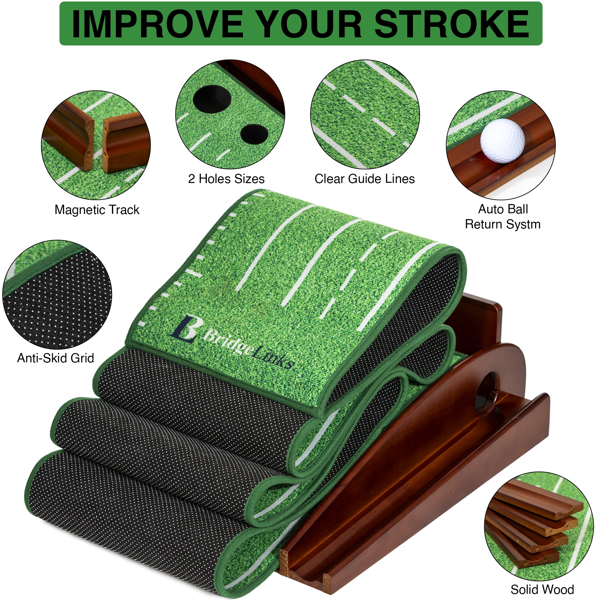 Golf Putting Green Mat 10ft, Indoor Putting Mat with Ball Return, Two Hole Putting Mat for Accuracy, Solid Wood Base Putting Mat, Non Slip Golf Mat for Practice, With Alignment Mirror!