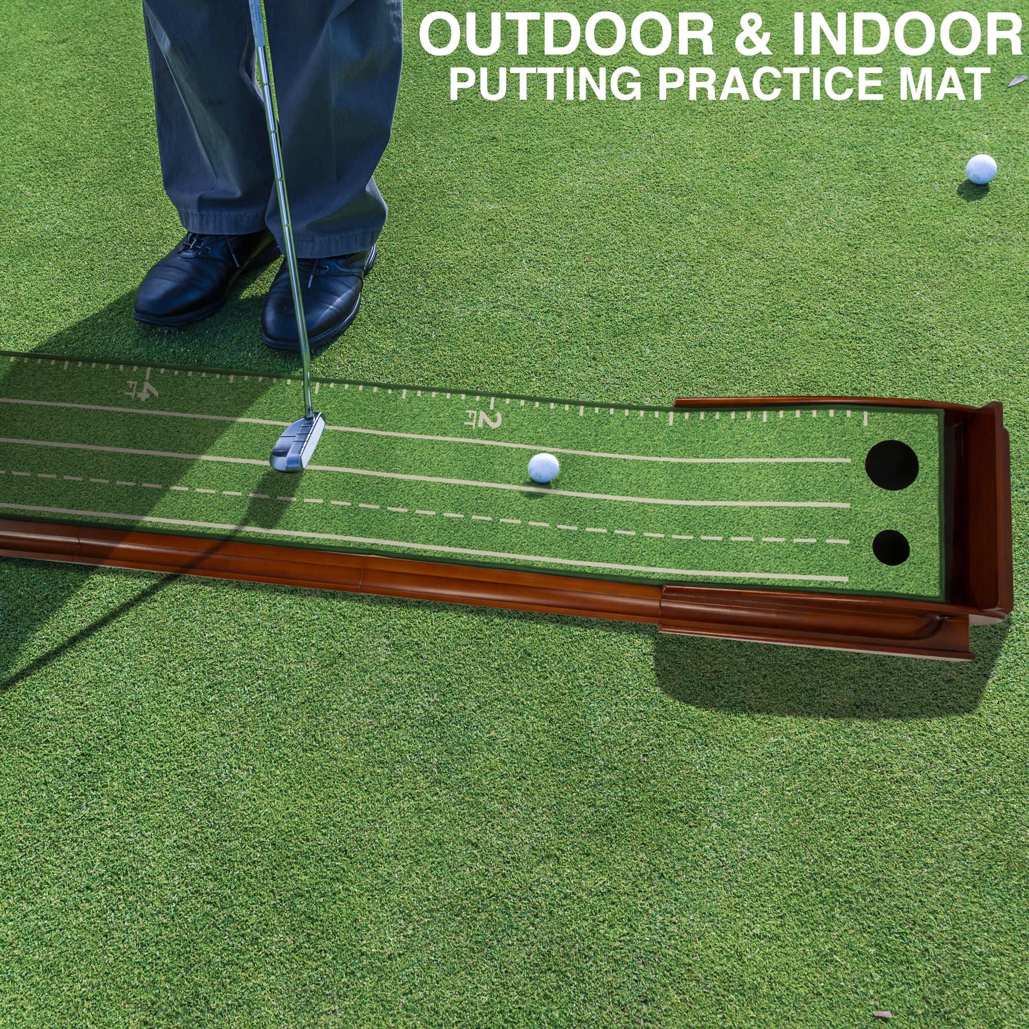 Golf Putting Green Mat 10ft, Indoor Putting Mat with Ball Return, Two Hole Putting Mat for Accuracy, Solid Wood Base Putting Mat, Non Slip Golf Mat for Practice, With Alignment Mirror!