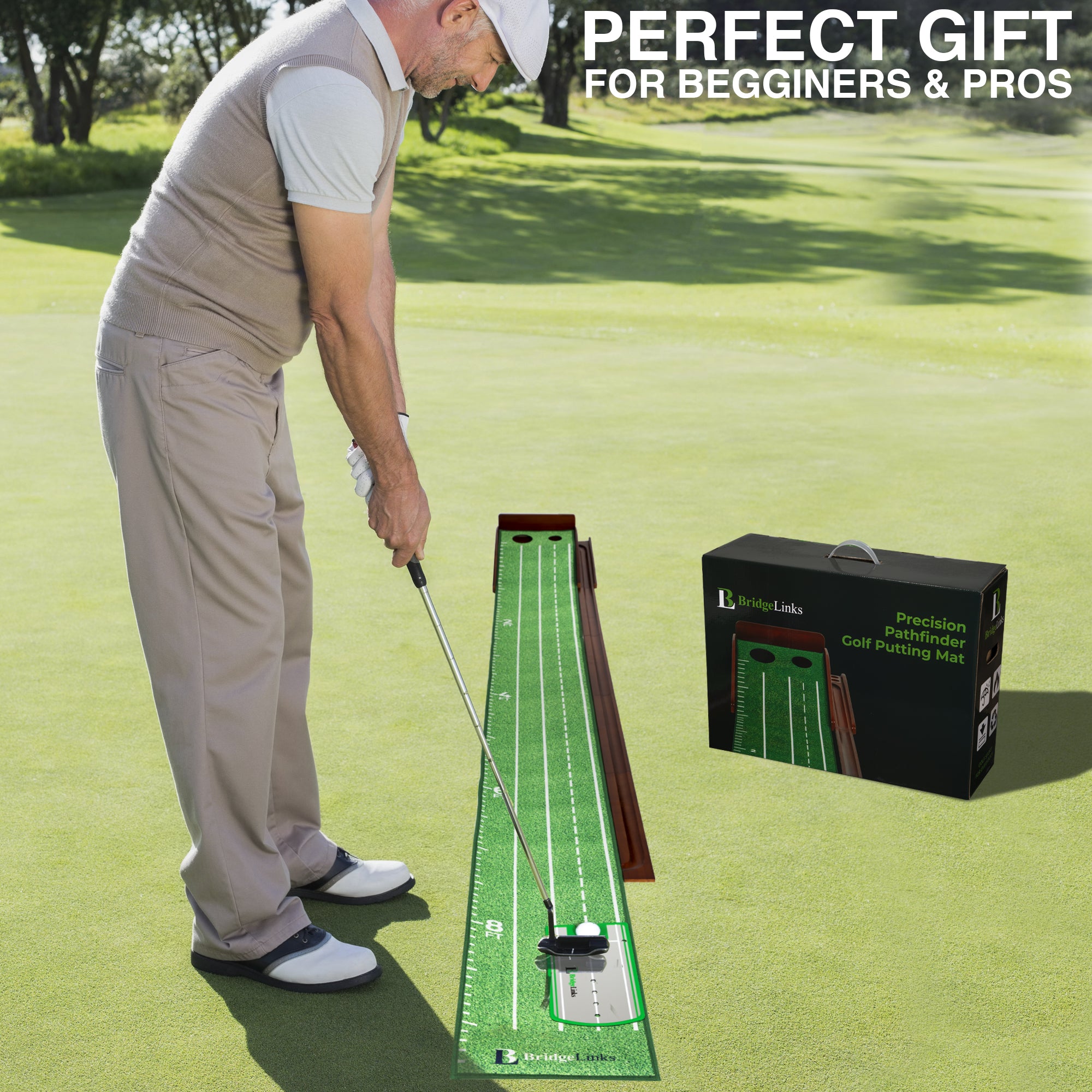 Golf Putting Green Mat 10ft, Indoor Putting Mat with Ball Return, Two Hole Putting Mat for Accuracy, Solid Wood Base Putting Mat, Non Slip Golf Mat for Practice, With Alignment Mirror!